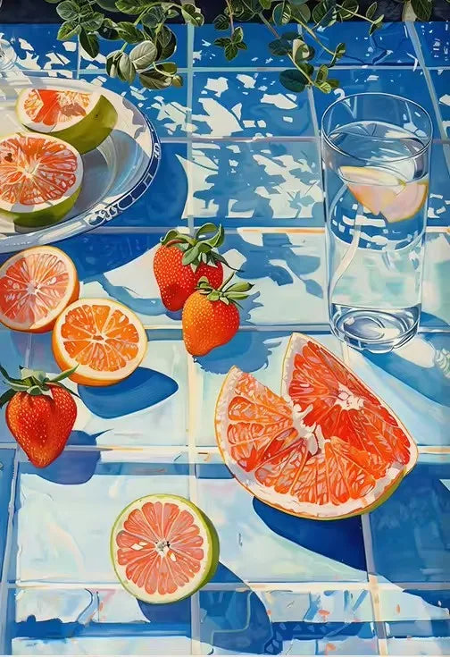 Tablecloth with fruit design featuring oranges, strawberries, and grapefruits on a blue and white patterned background.