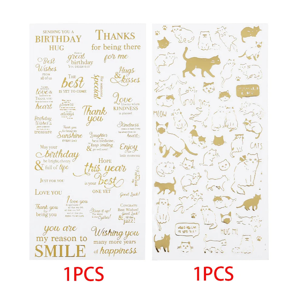 Two sheets of gold foil transfer stickers one sheet with birthday and thank you text designs and the other with cute cat illustrations