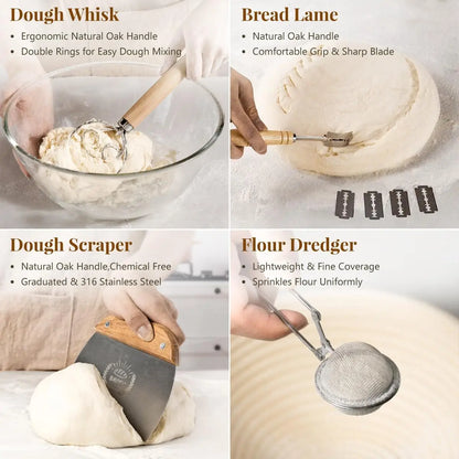 Complete Sourdough Baking Kit with 9" Round & 10" Oval Proofing Baskets, Glass Jar, and Essential Bread Making Tools