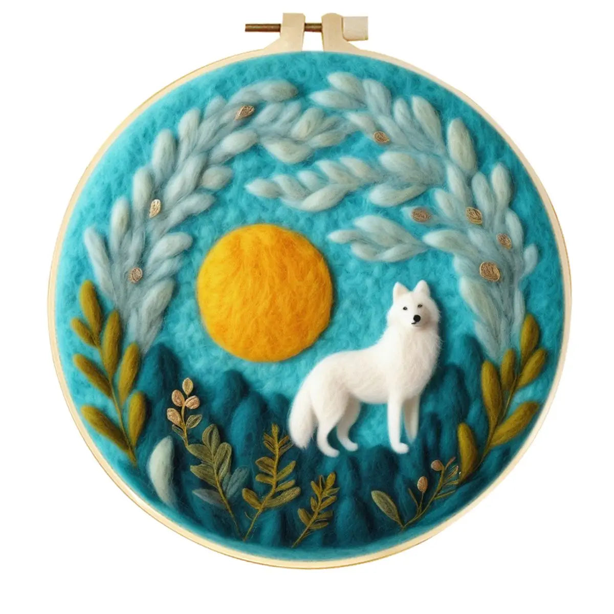 Needle felted scene with a white wolf, full moon, vegetation, on a blue background