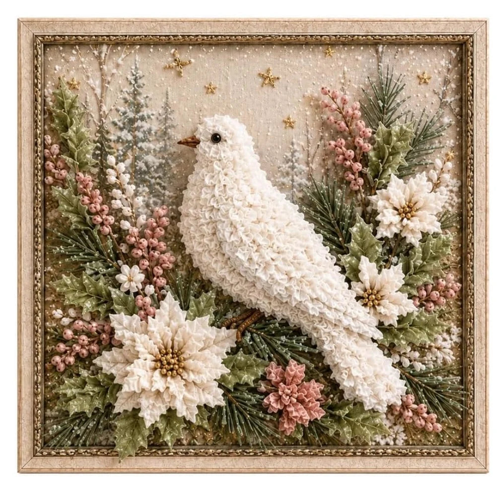 A square framed decorative artwork featuring a punch needle white dove surrounded by green pine branches, white flowers, and pink berry clusters on a glittery beige background with small gold stars. The piece is enclosed in an ornate light wood frame.