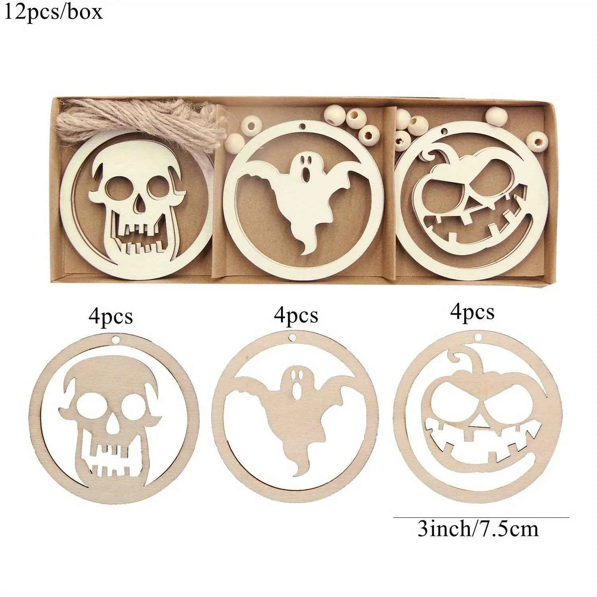 Unfinished Wood Halloween Ornaments, 12-Pack Paintable Hanging Cutouts