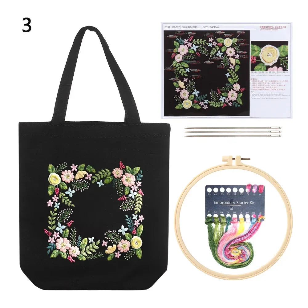 Canvas Tote Bag Embroidery Kit with Flower Pattern and Instructions