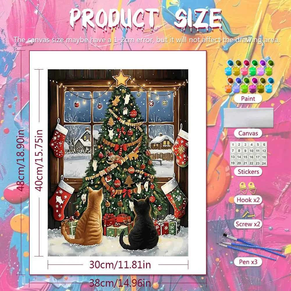 Christmas Cats Paint by Numbers Kit for Adults – Cozy Tree & Snowy Window Scene, 3 Sizes