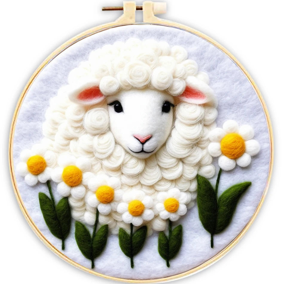 Sheep, Parrot or Frog Wool Felting Kit With Embroidery Hoop Frame