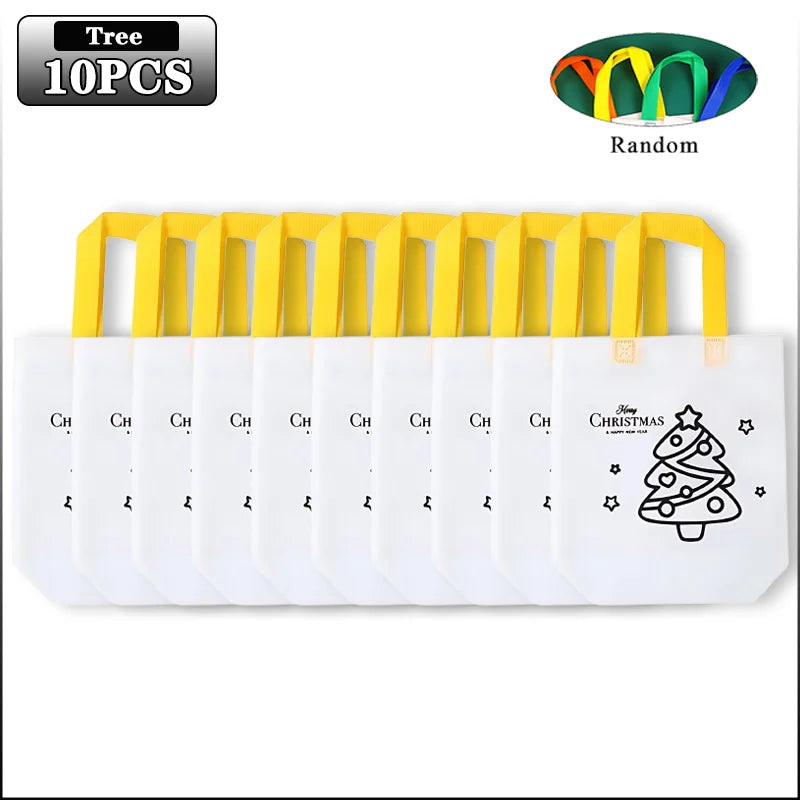 Ten white Christmas-themed gift bags with yellow handles. The front bag features a black outline of a Christmas tree graphic with 'Happy Christmas' text.