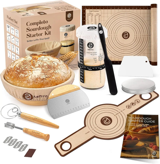 Sourdough Starter Kit with Proofing Basket & Jar - Beginner Baking Supplies Set