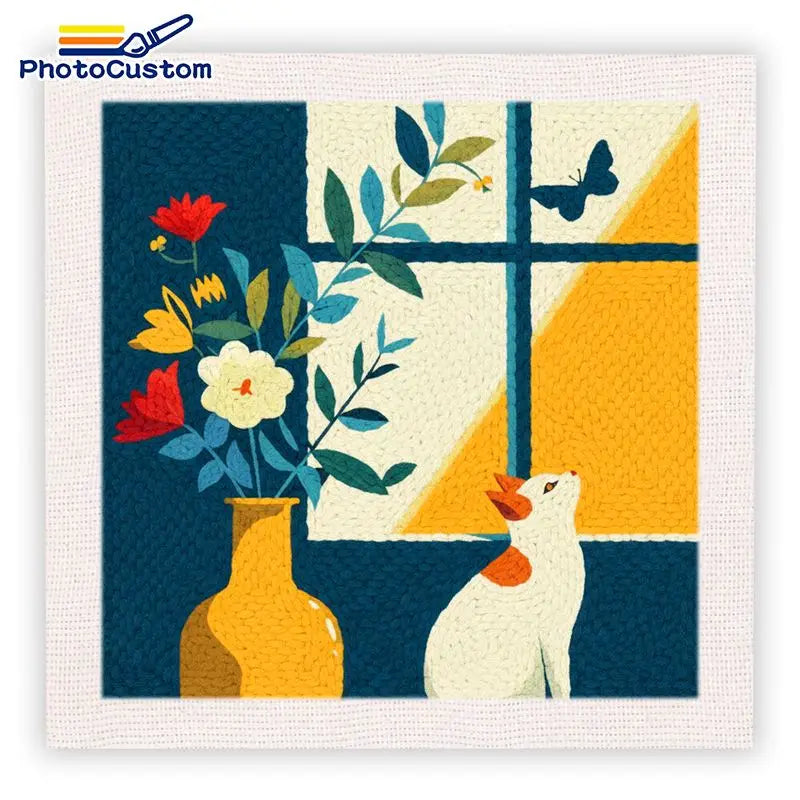 Decorative wall art with a vase of flowers, a cat, and a butterfly on a geometric background.