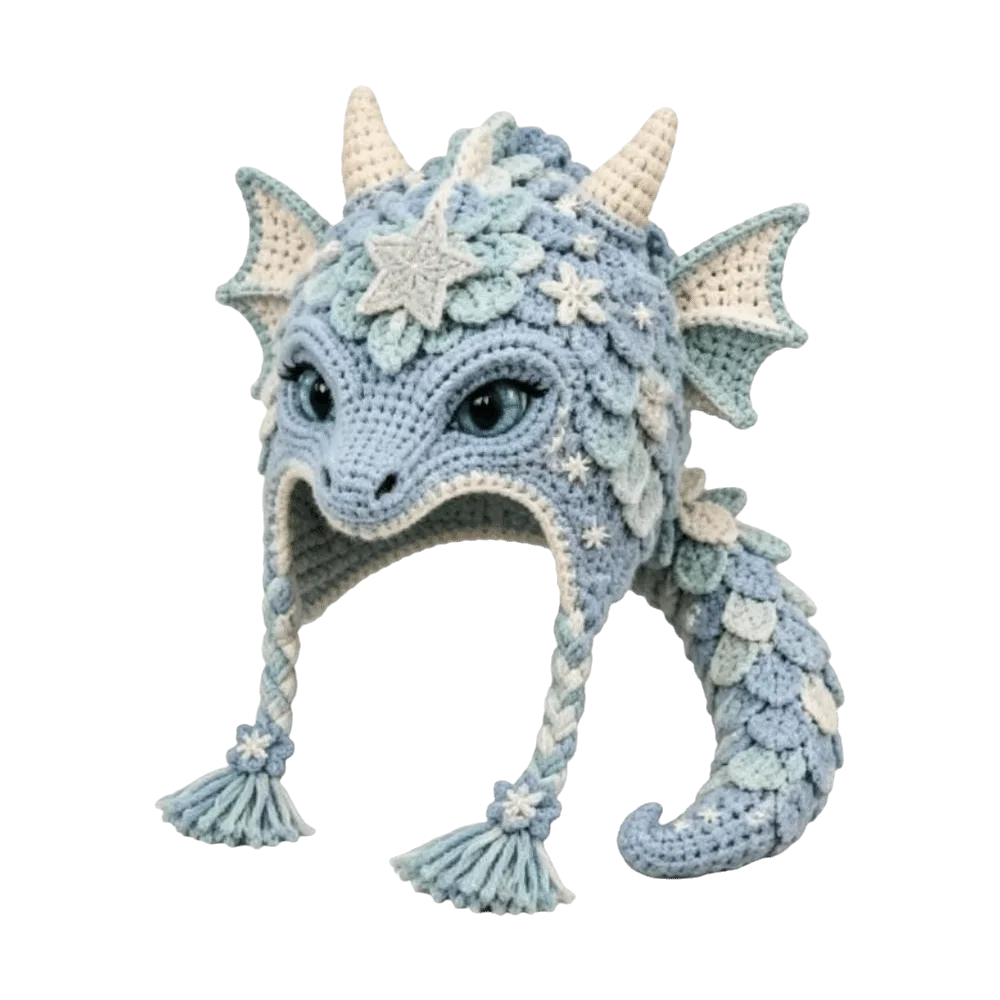 A crocheted dragon hat in light blue and cream, featuring braided ear flaps, a textured scale pattern, and embroidered star details on a plain white background.