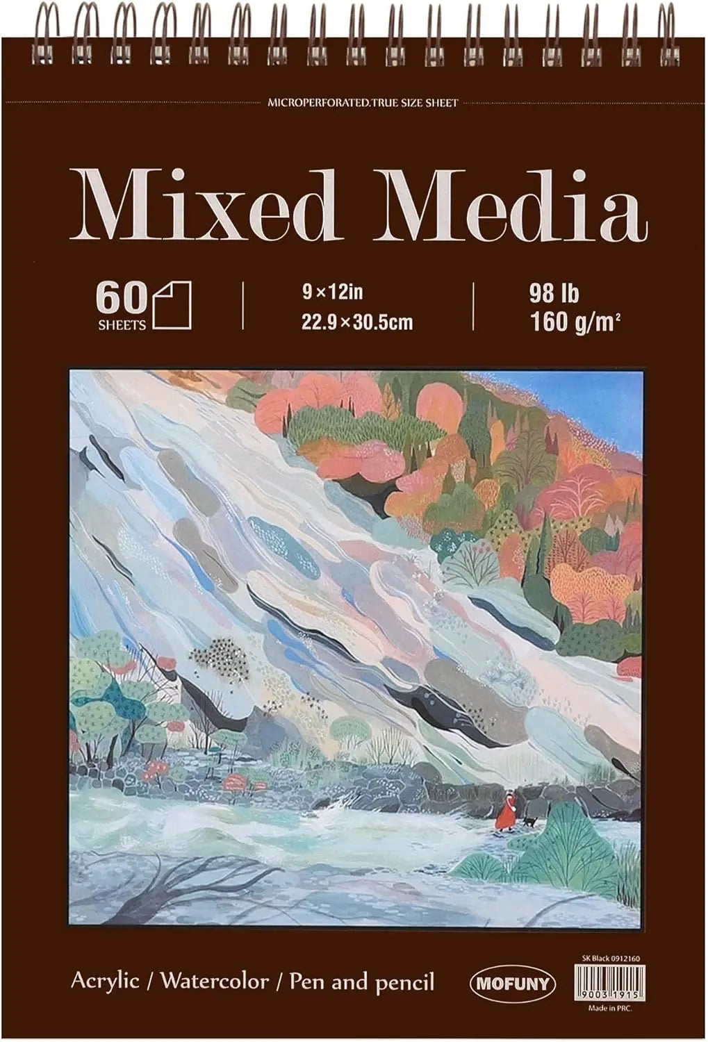 9x12 Inch Mixed Media Sketchbook, Hard Cover, Spiral Bound, 60 Sheets 160gsm Paper