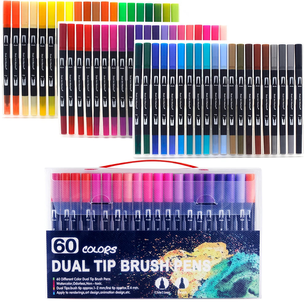 Dual-Tip Watercolor Brush Pens - Available in Sets of 12/24/36/48/60/72/100/120 Colors