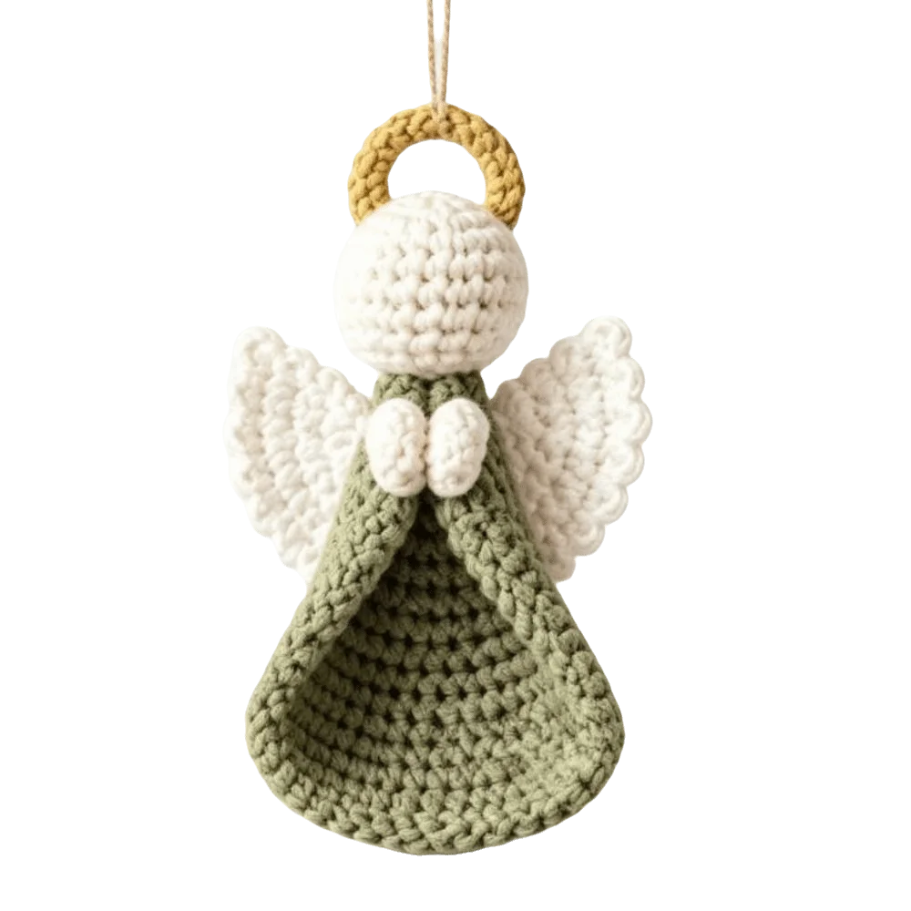 A crocheted angel hanging ornament or plush toy with a sage green blanket-like body, white wings and head, and a tan ring at the top for hanging, shown on a plain white background.