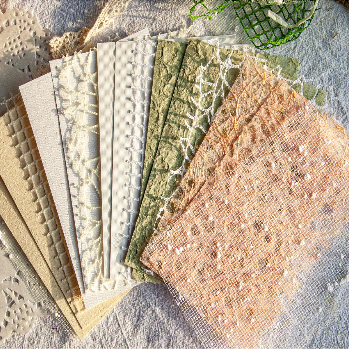 Collection of 16 Sheets/pack Handmade Textured Paper for Scrapbooking, Collage in pink, green, white and tan 
