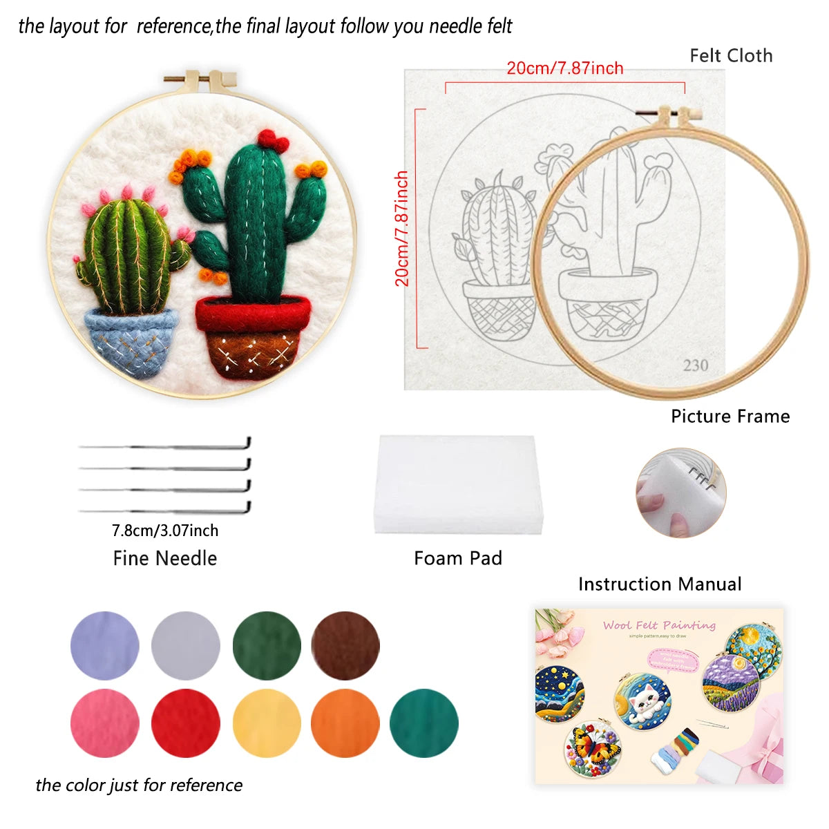 Needle felting kit including a hoop, printed cloth, felting needles, foam pad, and instruction manual.