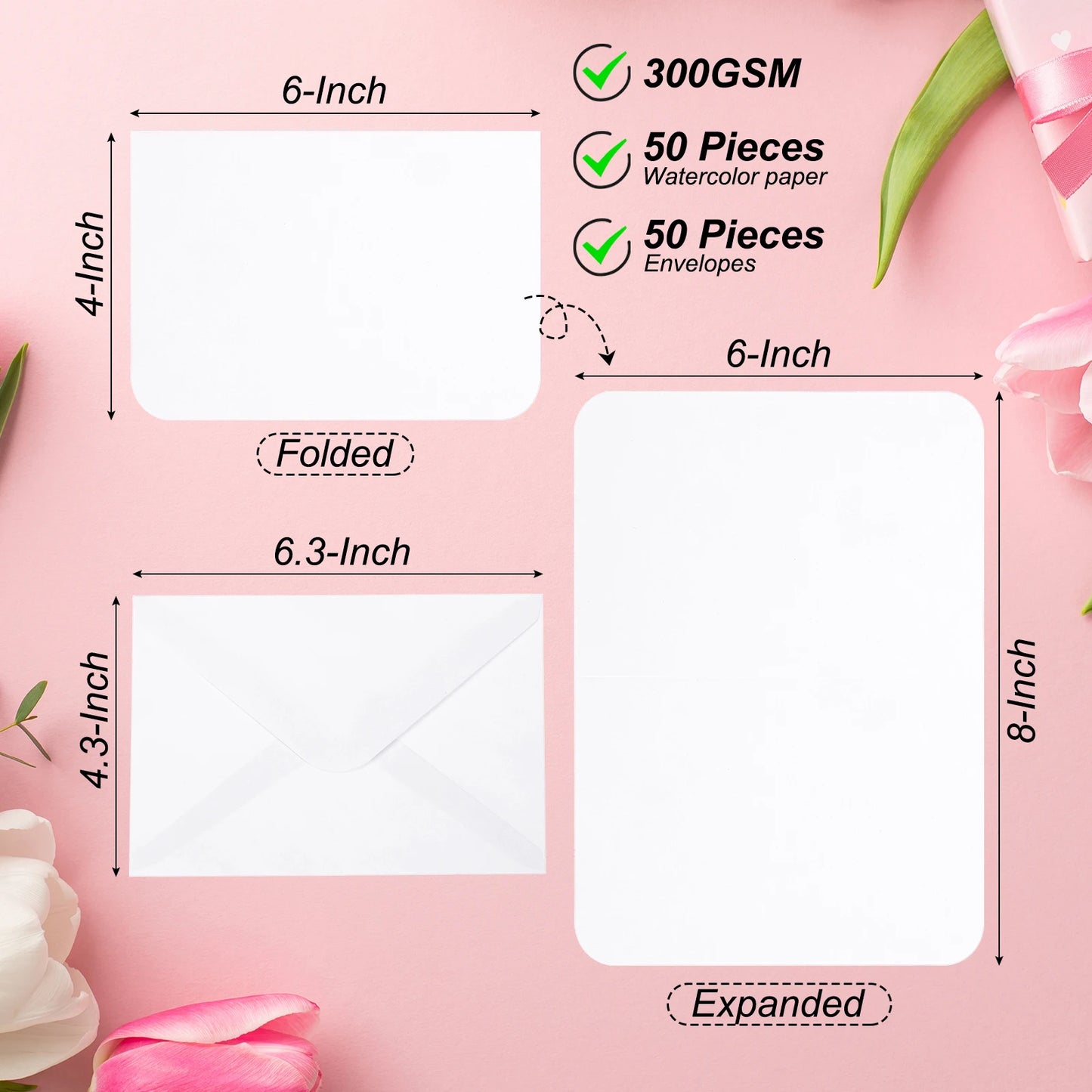 50 Set 300gsm Cotton Postcard Watercolor Paper Cards with Envelopes