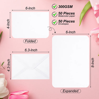 50 Set 300gsm Cotton Postcard Watercolor Paper Cards with Envelopes