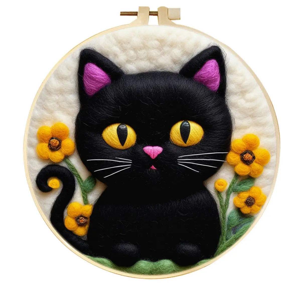 Embroidery hoop frame with a needle felted black cat with yellow eyes, a pink nose, and orange flowers on a white background
