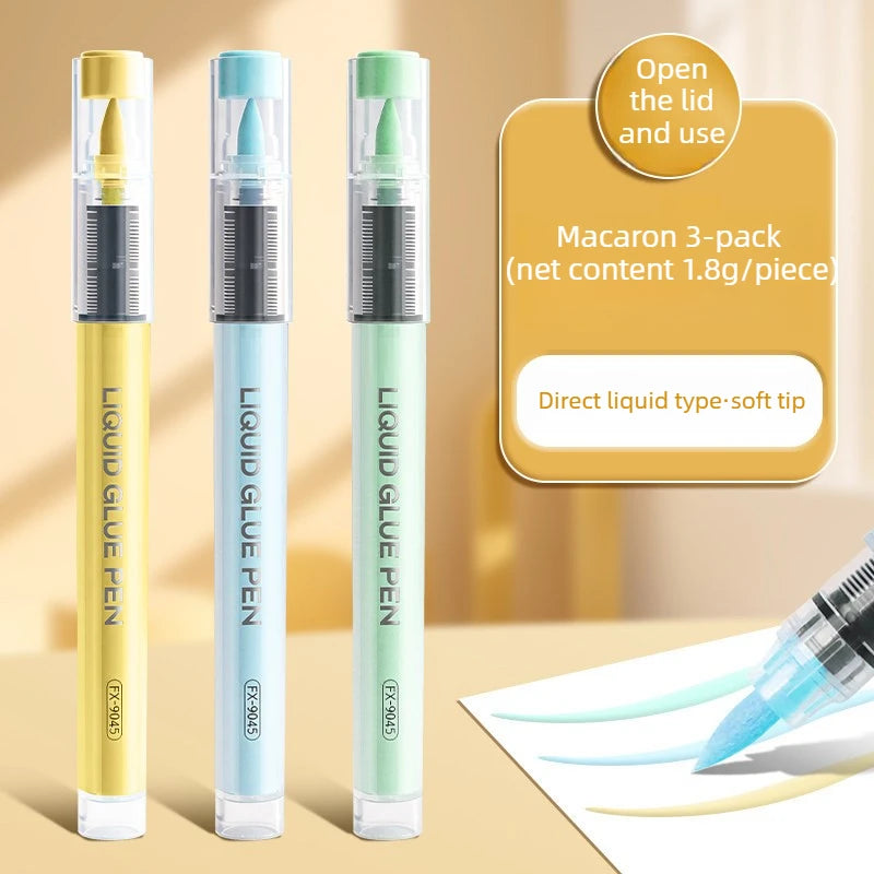 Three liquid glue pens with yellow, green and blue glue