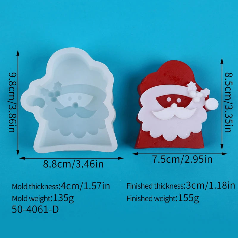 Silicone Santa-shaped mold and a finished red and white Santa candle size 7.5cm x 8.5cm