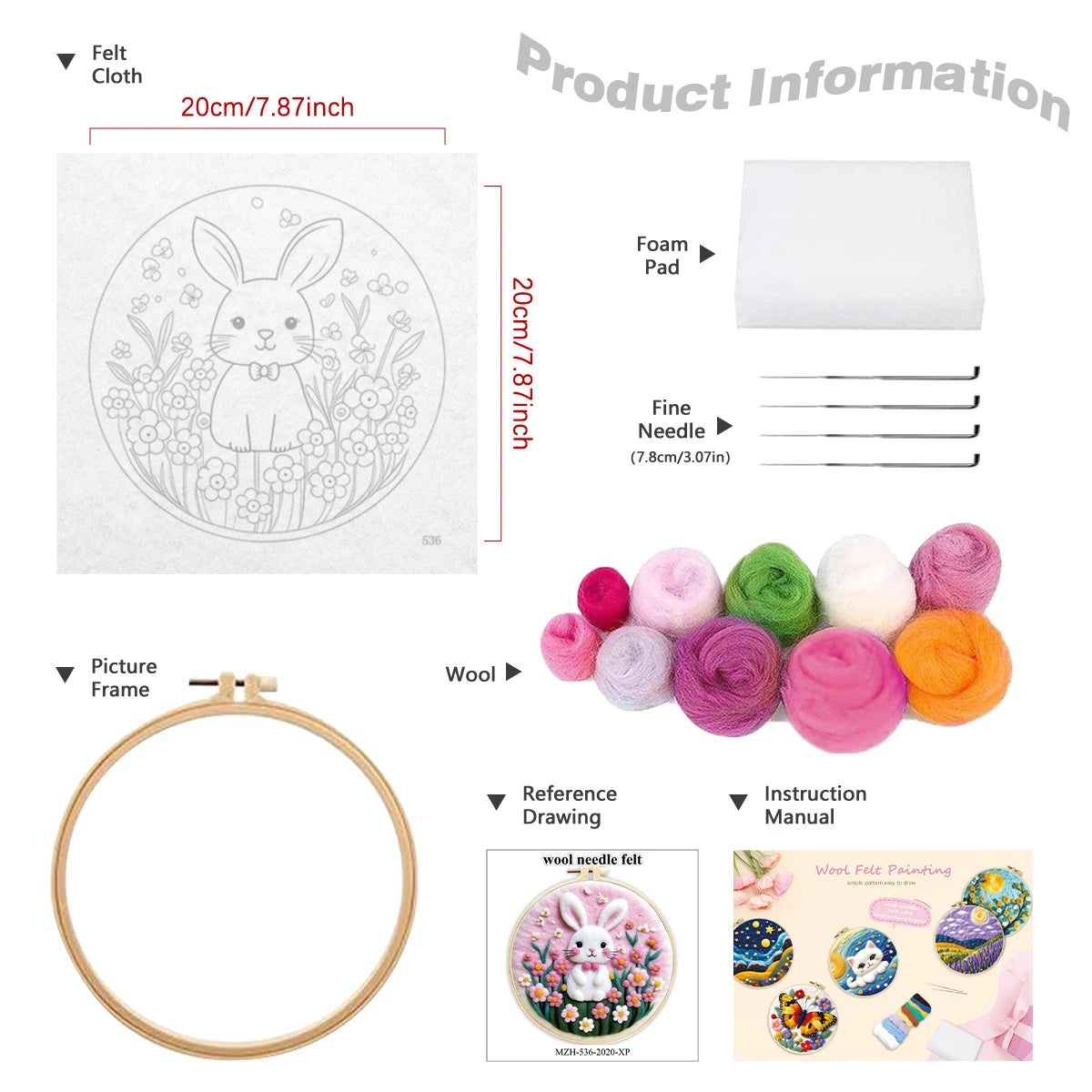 Embroidery kit with printed cloth, foam pad, felting needles, wool, hoop frame, and instructions and a reference drawing