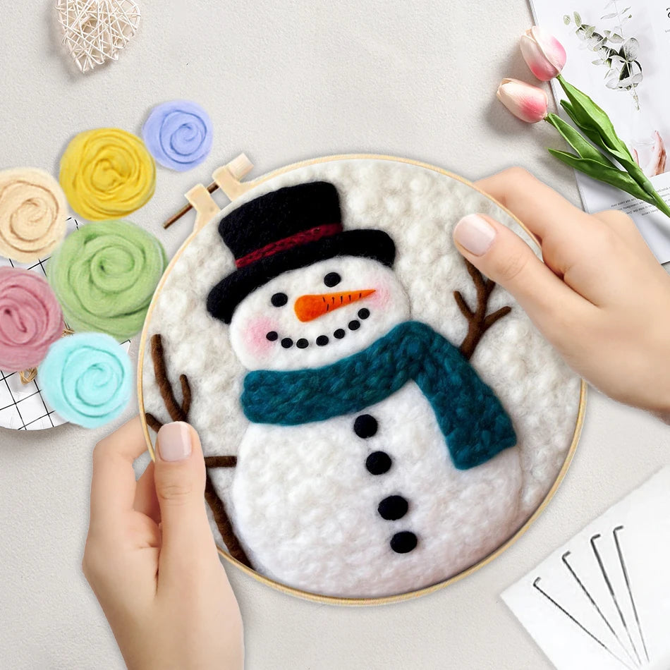Wool needle felted snowman in an embroidery hoop