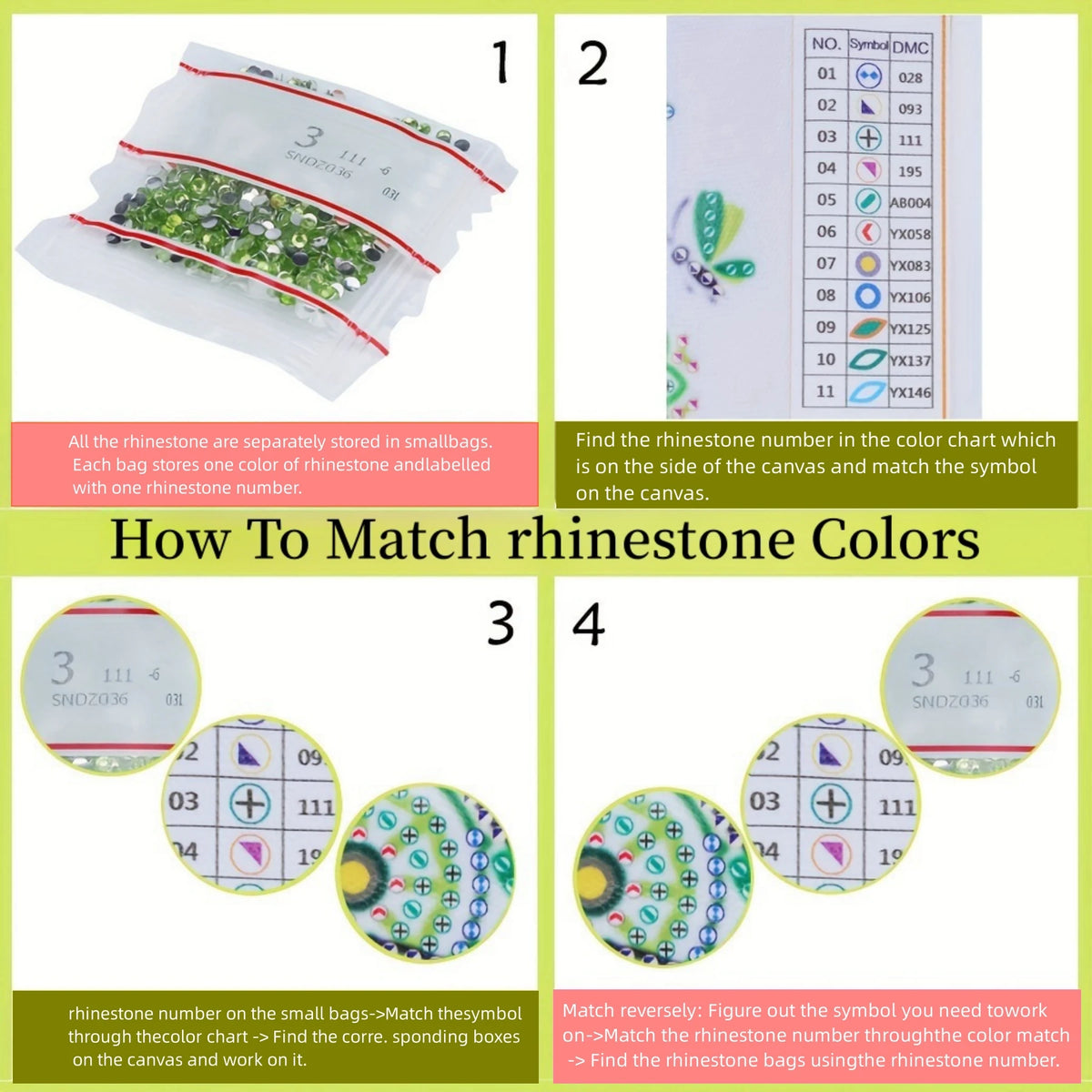 Instructions on how to match rhinestone colors with small bags and a color chart.