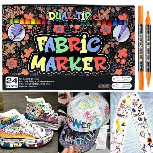 24 Colors Permanent Fabric Dual-Tip Markers for Clothes, Fabric, Shirts, Bags, Hats, and Canvas