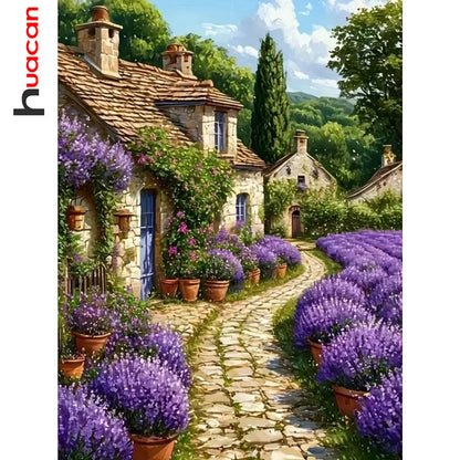 Lavender Village Landscape - Diamond Painting - Square or Round, Different Sizes Available