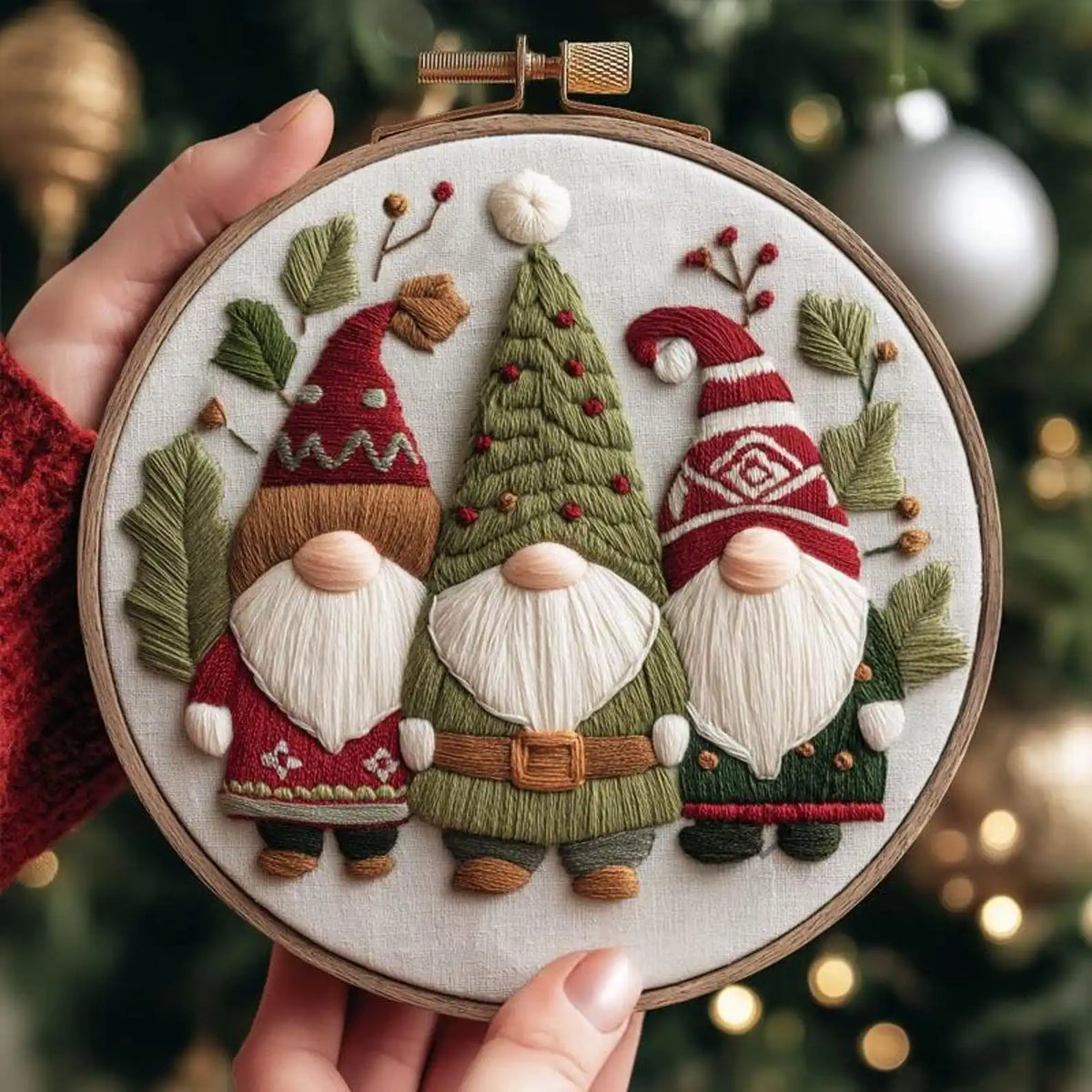 A close-up of a hand holding a wooden embroidery hoop featuring a festive stitched design of three Christmas gnomes, a decorated pine tree, and green leaves on a cream fabric background