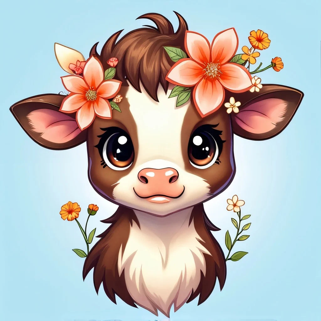Cartoon cow with flower crown on a blue background
