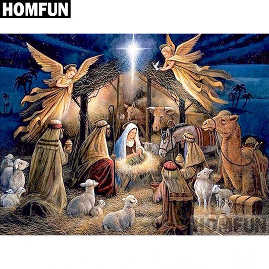 A Christmas nativity scene diamond artwork with angels, a stable, Mary, Joseph, baby Jesus in a manger, camels, sheep, and stars at night. 