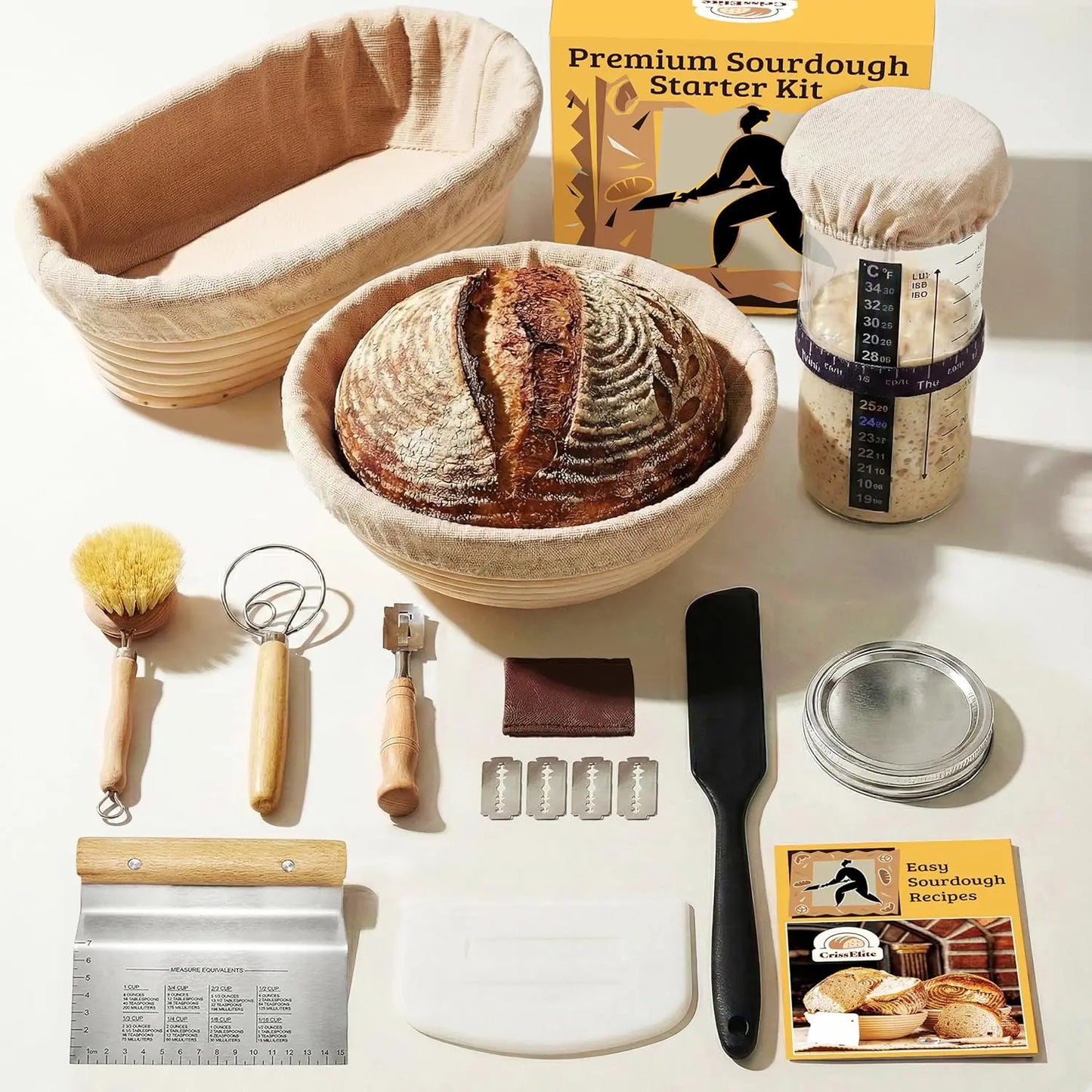 Complete Sourdough Bread Baking Kit with Glass Jar, Proofing Baskets & Essential Tools for Home Artisan Baking