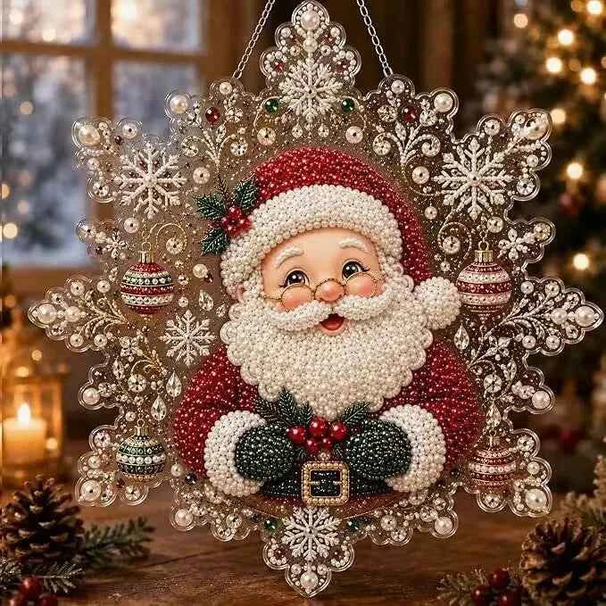 Christmas Pearl Diamond Painting Ornament – Round Acrylic Hanging Decor, Santa, Snowman or Reindeer