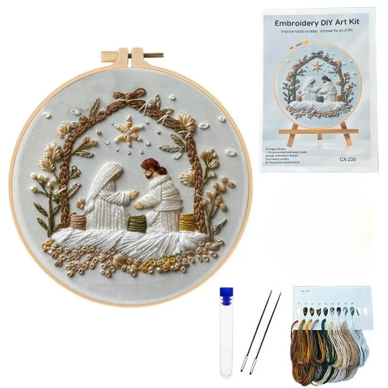 Nativity Scene with a brown frame with flowers 