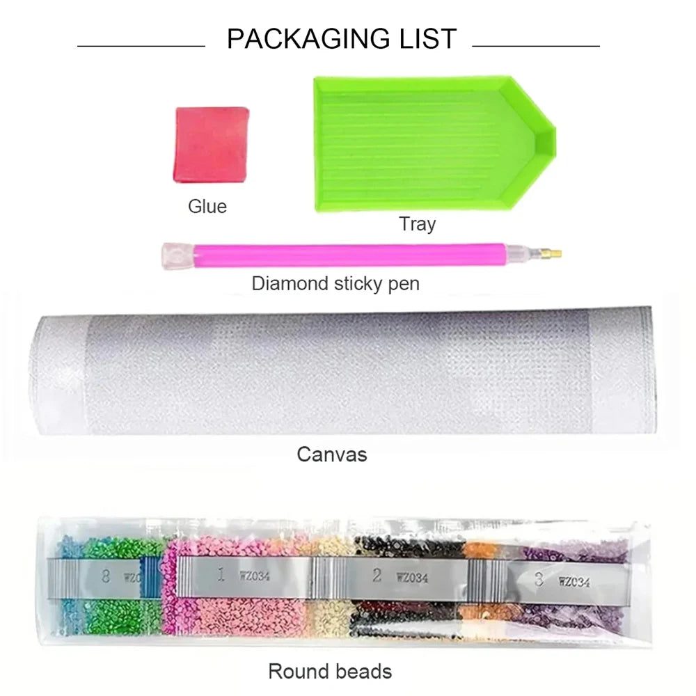 A packaging list diagram showing the included items for a diamond painting  kit: glue, a green tray, a pink diamond sticky pen, a rolled canvas, and a clear package of multicolor round beads labeled with bead sizes and colors.