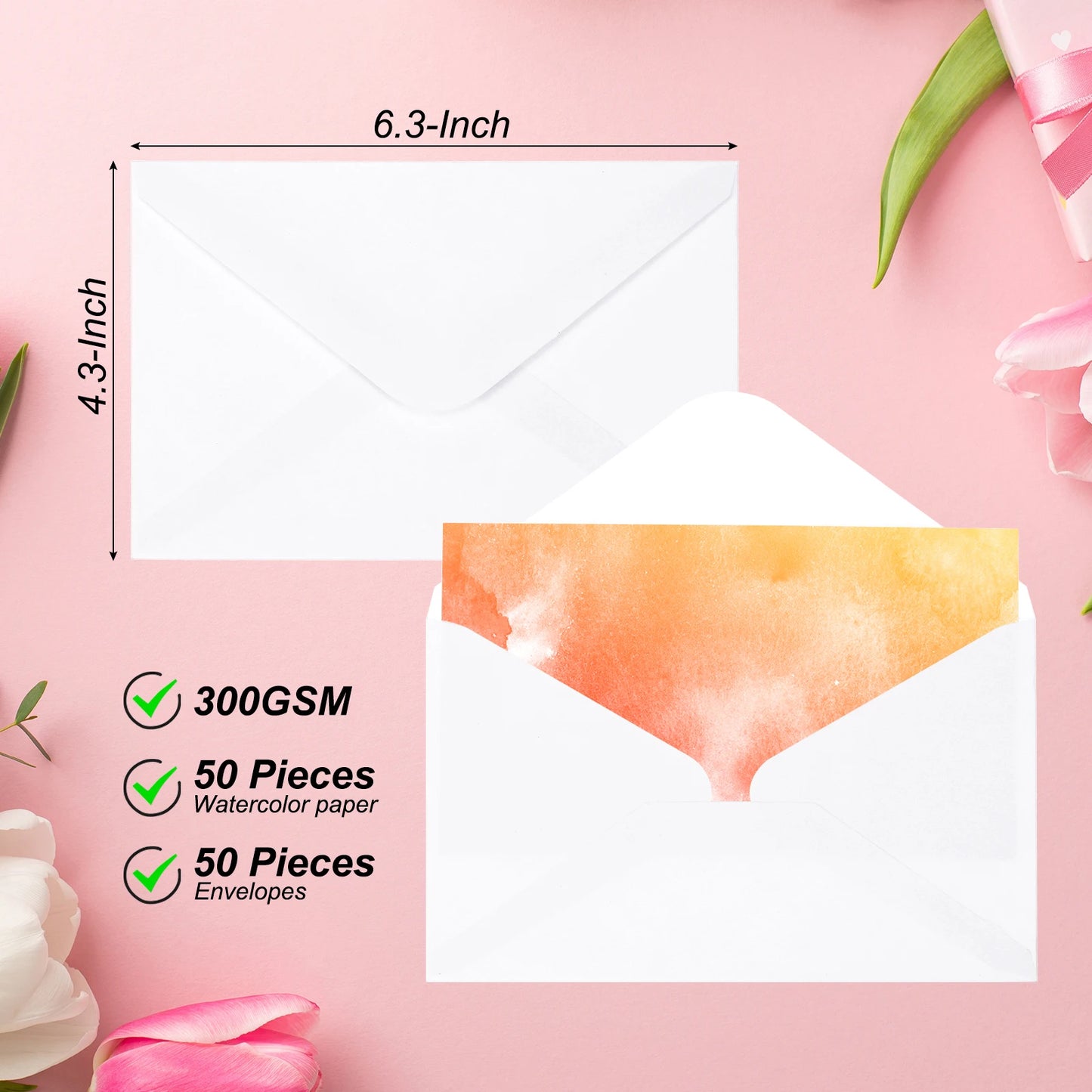 50 Set 300gsm Cotton Postcard Watercolor Paper Cards with Envelopes