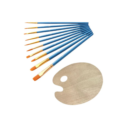 10Pcs Colorful Plastic Handle Paint Brushes & Wooden Palette Set, for Acrylic, Watercolor