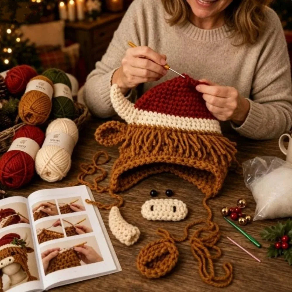 A woman crochets a festive Santa-style hat with a long brown fringe, cream trim, and a red crown while sitting at a wooden table. Yarn balls, knitting tools, an open instruction booklet, and holiday decorations are arranged around her.