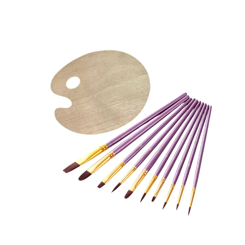 10Pcs Colorful Plastic Handle Paint Brushes & Wooden Palette Set, for Acrylic, Watercolor