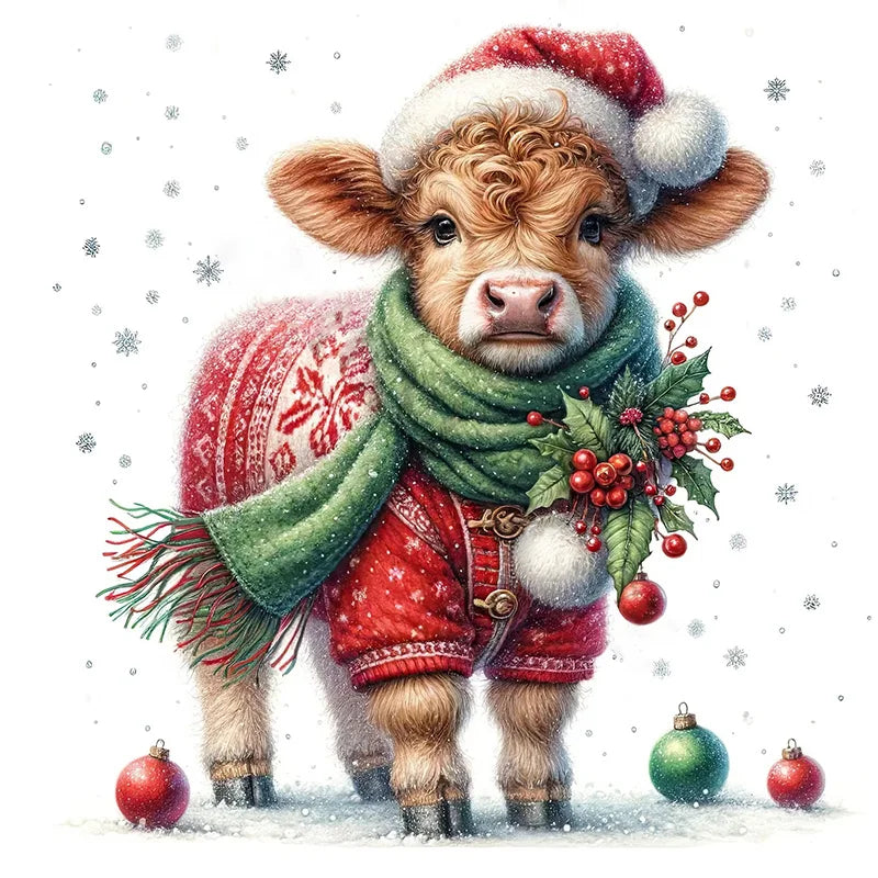 A cute cartoon-style calf wearing a red Santa hat, red holiday sweater, green scarf, and holding a sprig of holly and red berries, standing in snow with ornaments on a white background.