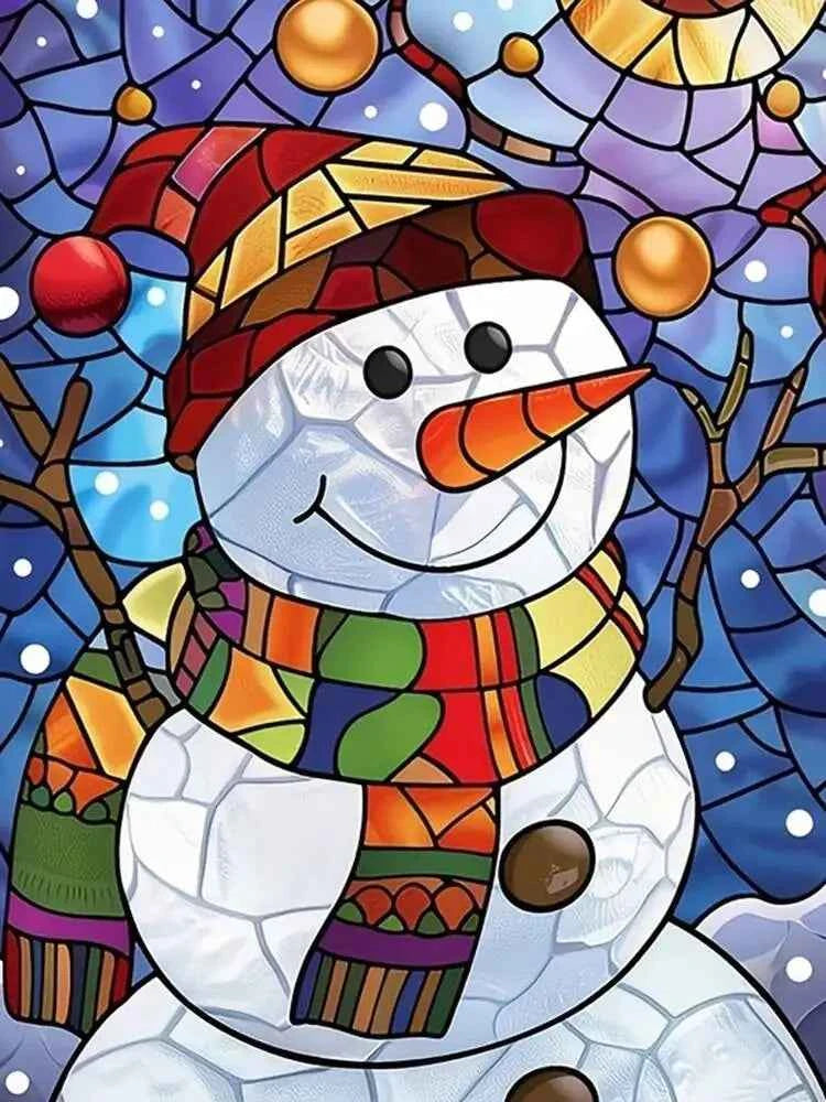Stained Glass Snowman Paint by Numbers Kit for Adults – Colorful Christmas Canvas, 3 Sizes