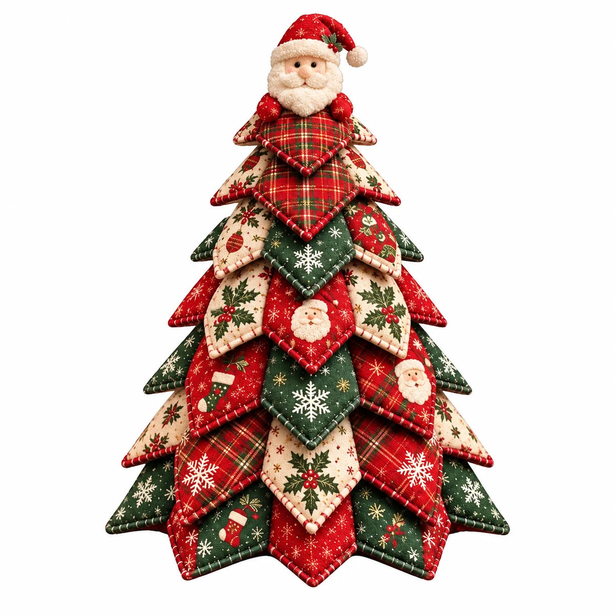 A Christmas tree-shaped decorative quilted fabric piece featuring multiple layered triangular panels in red, green, and cream with holiday patterns including plaid, snowflakes, holly, stockings, and Santa faces, topped with a Santa head figure, on a plain white background.