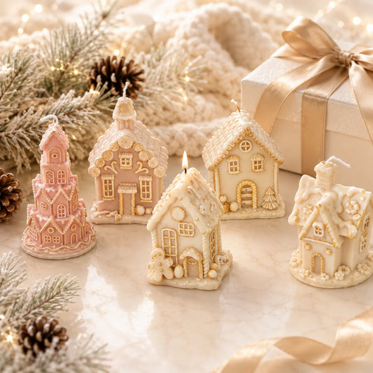Four decorative house-shaped candles arranged on a light surface with holiday styling