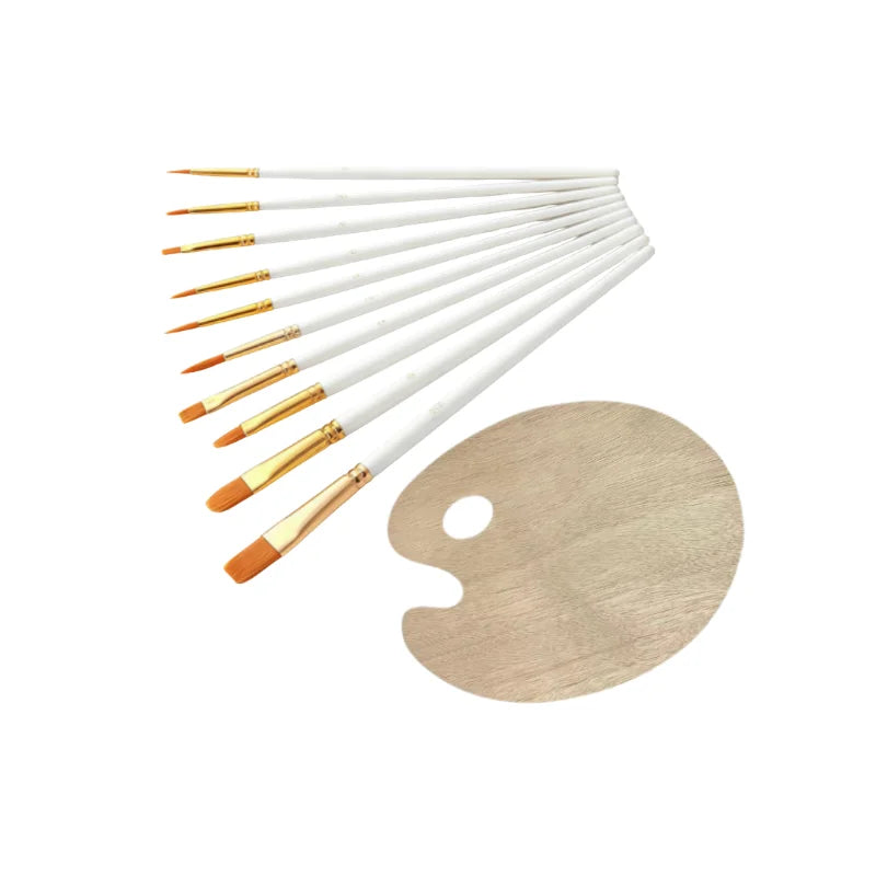 10Pcs Colorful Plastic Handle Paint Brushes & Wooden Palette Set, for Acrylic, Watercolor