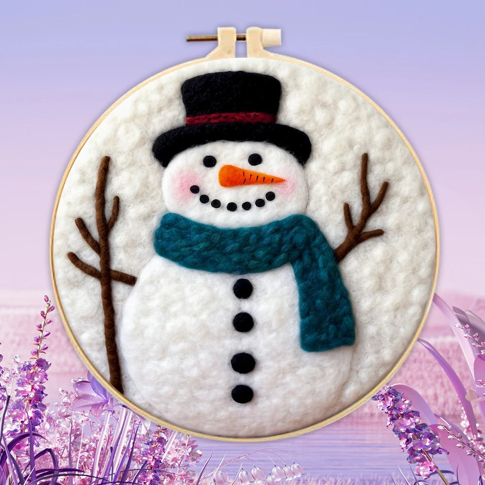 Wool needle felted snowman with a black top hat, teal scarf, carrot nose branch arms, and black eyes on a white background