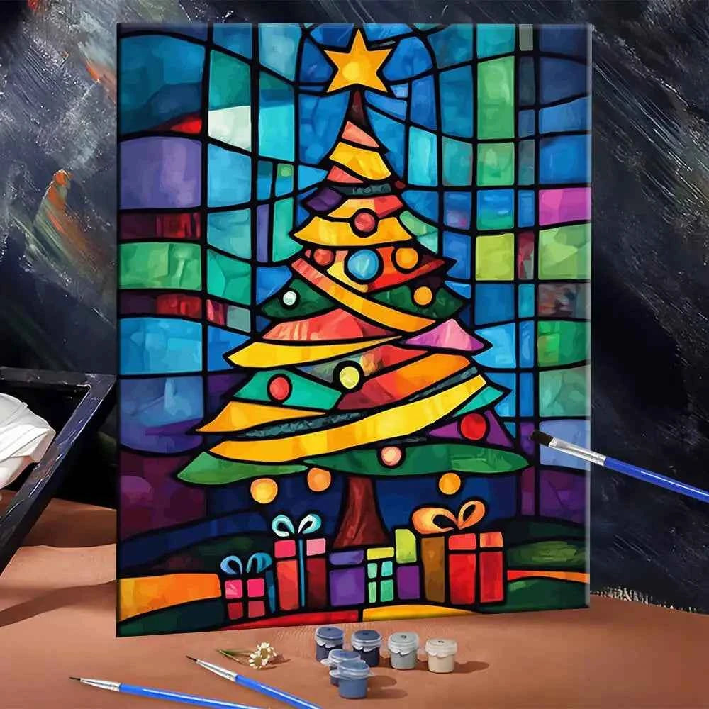 Stained Glass Christmas Tree Paint by Numbers Kit – Colorful Holiday Canvas, 3 Sizes