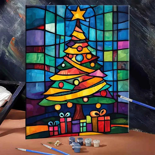 Stained Glass Christmas Tree Paint by Numbers Kit – Colorful Holiday Canvas, 3 Sizes