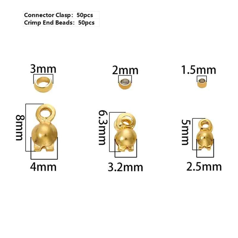 50pcs Stainless Steel and Gold Plated Connector Clasp Crimp End Beads for Bracelets, Necklaces - Jewelry Making Supplies
