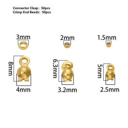 50pcs Stainless Steel and Gold Plated Connector Clasp Crimp End Beads for Bracelets, Necklaces - Jewelry Making Supplies