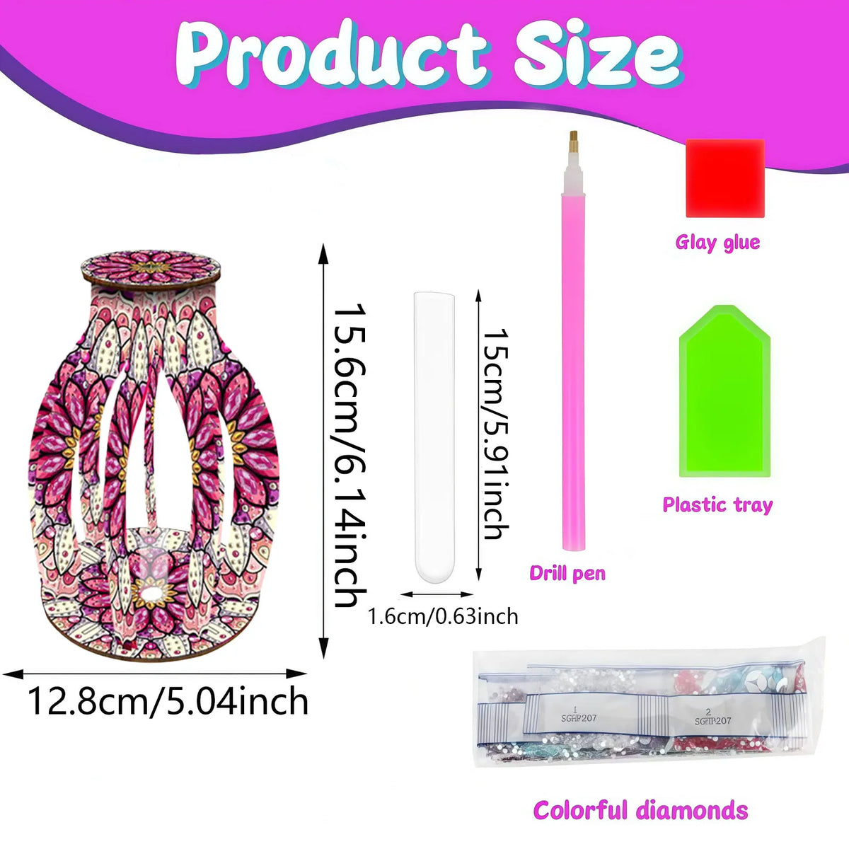 Product size diagram showing a decorative diamond art floral candle holder with dimensions, plus included accessories: a pink drill pen, glue, green plastic tray, and a packaged set of colorful diamonds.